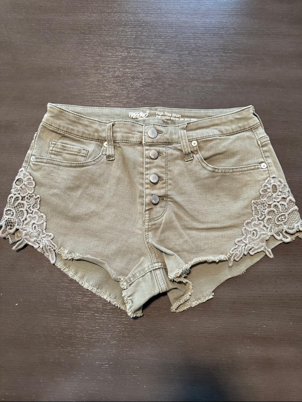 Mossimo denim button fly green shorts with lace detail, size 10